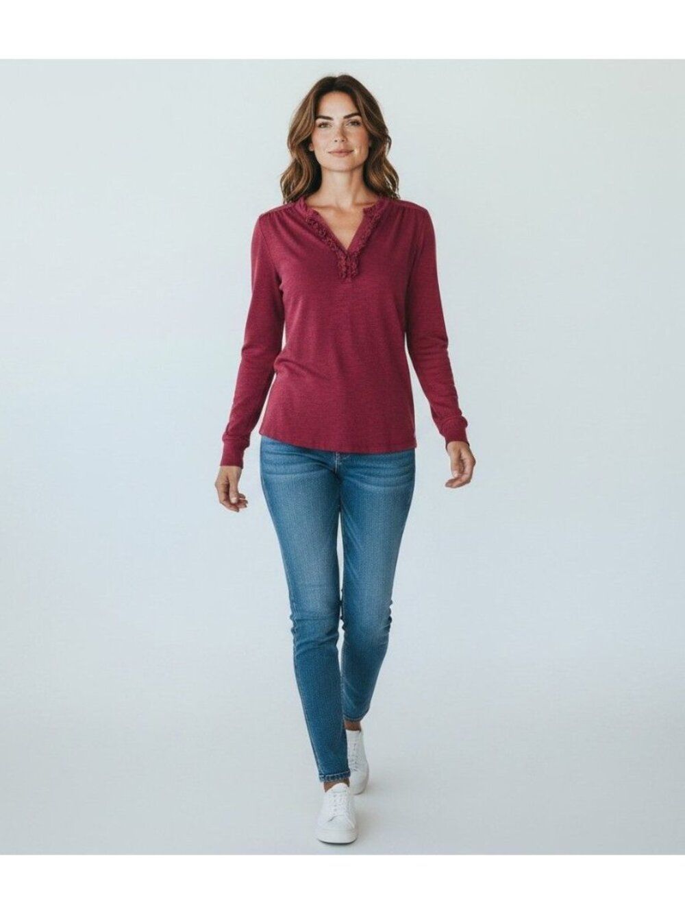 Ralph Lauren Polo Jeans Co Womens XL Burgundy Cotton Long Sleeve Ruffle Neck